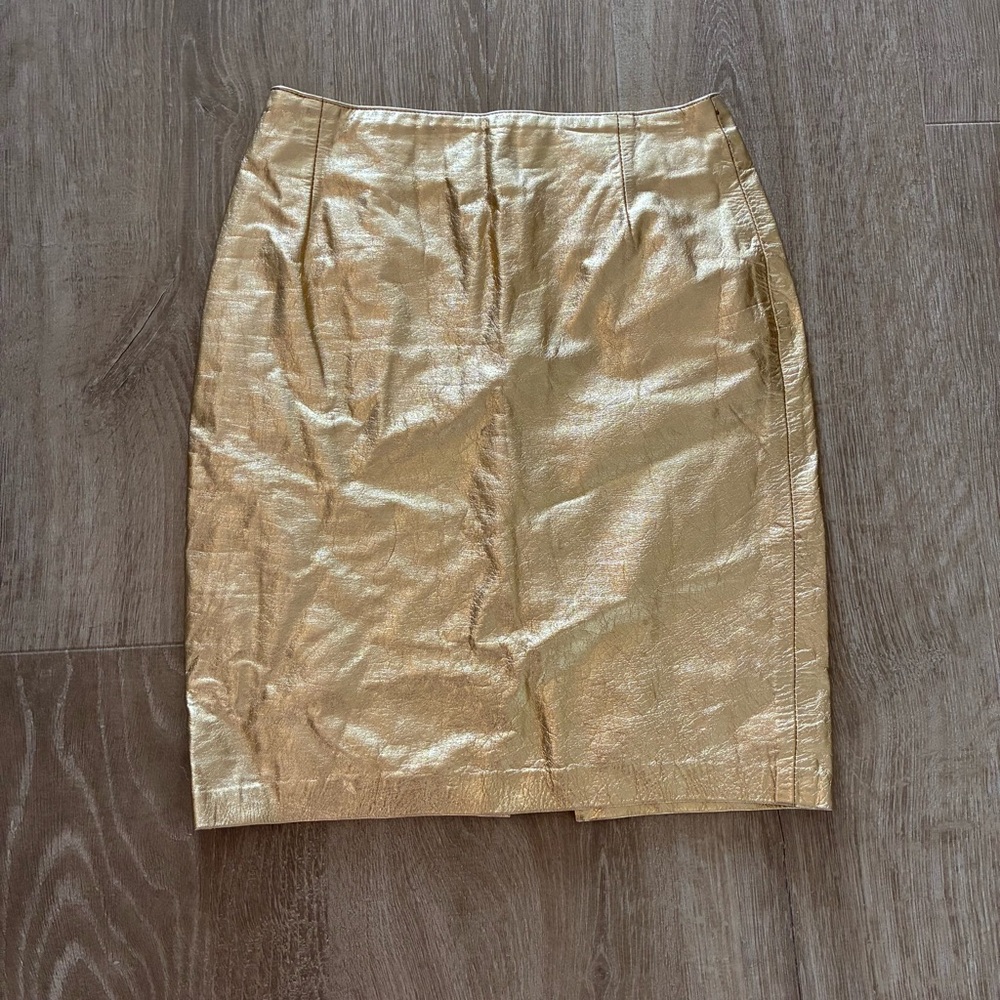 Y2K- Vintage. Kenar Gold METALLIC LEATHER Pencil Skirt (Size 8)